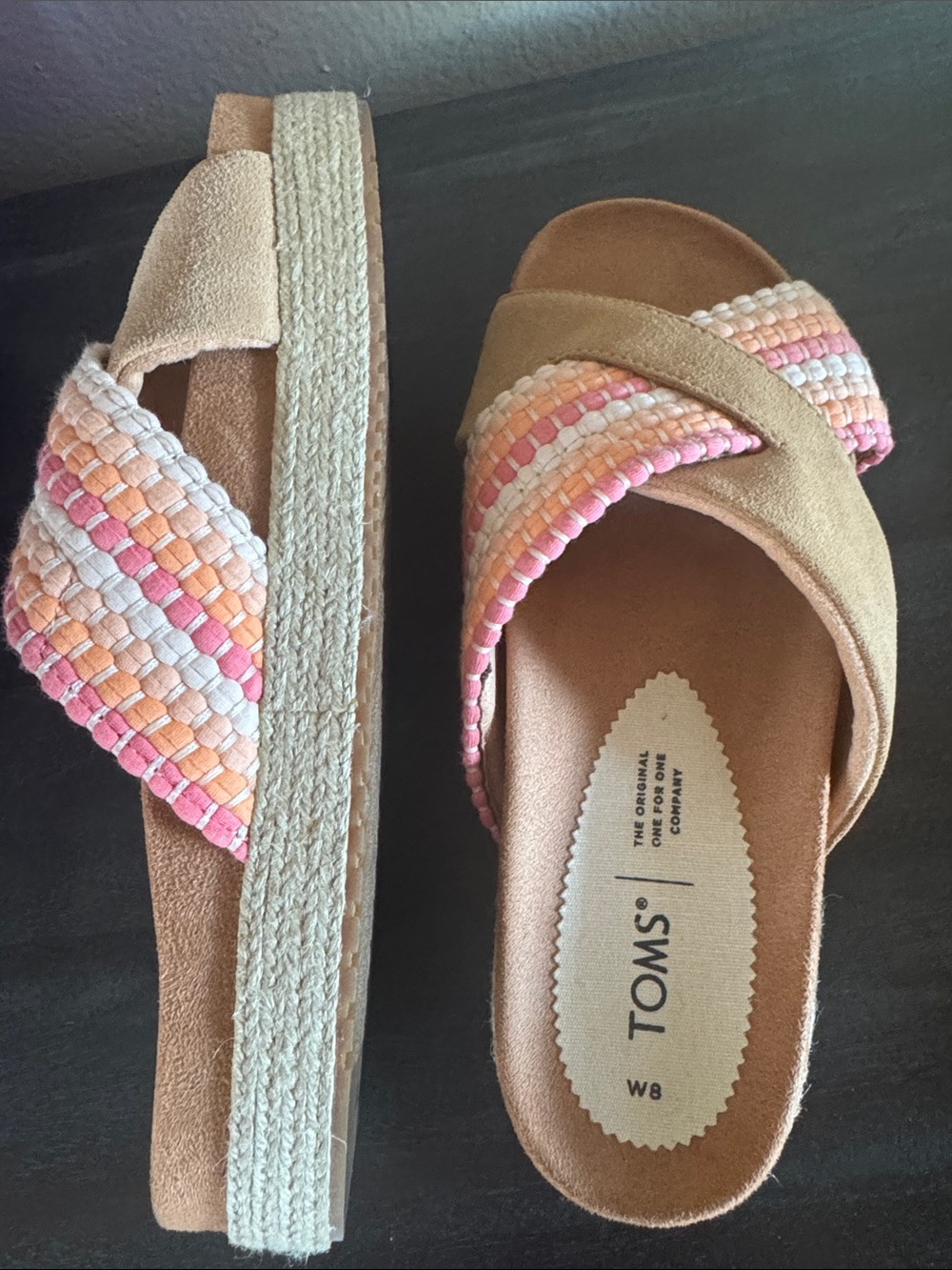 TOMS Women's Tan Slide Sandals with Pink & Peach Woven and Suede Straps